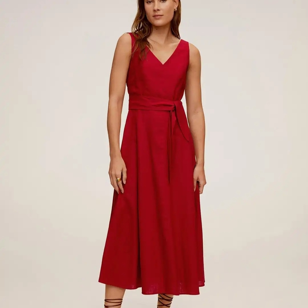 Mango Red V-Neck Midi Dress with Waist Tie